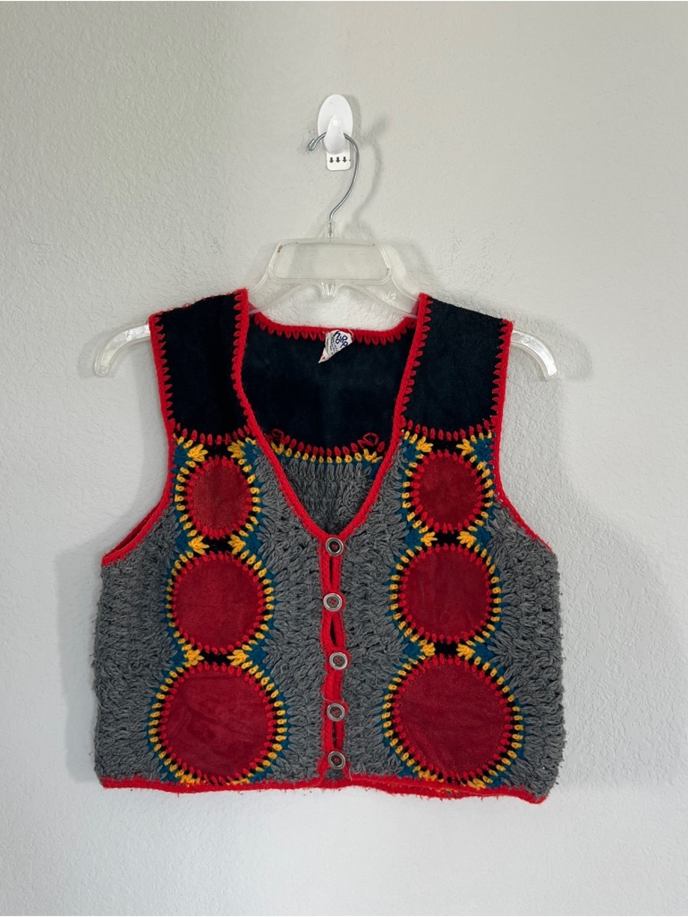 Harpee’s Vintage Calf Leather Crochet Button Down Vest Retro 60’s 70’s